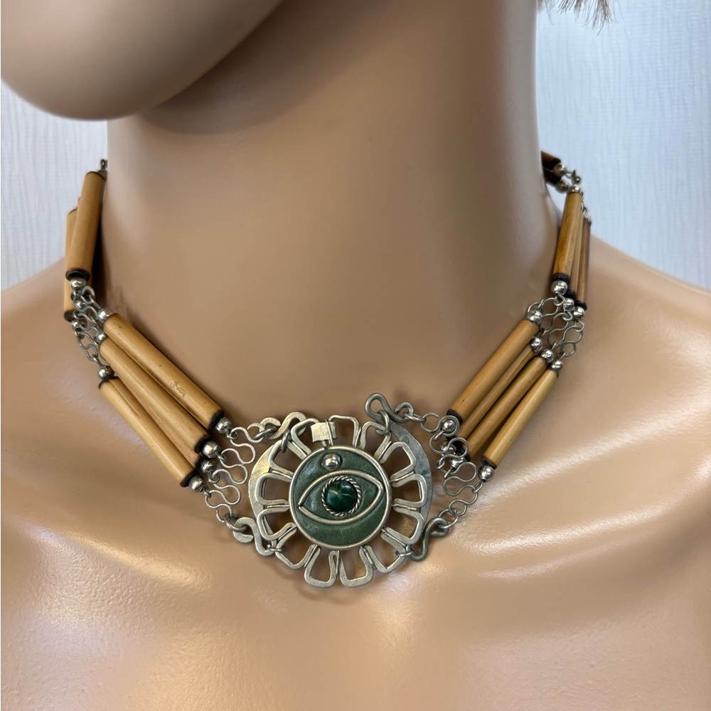 Vintage Evil Eye Stone and Wood Bead Choker